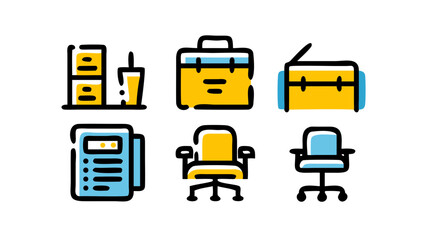 A vibrant collection of doodle style office and business vector icons illustrating various professional work-related objects.