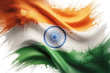 Dynamic Indian flag with vibrant saffron, white, and green brushstrokes and a central Ashoka Chakra wheel