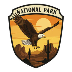 National Park Badge with Bald Eagle, Desert Landscape, and Sunset