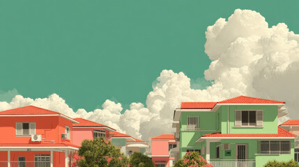 Colorful residential buildings with red roofs sky filled with large fluffy clouds, creating