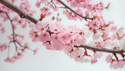 Obraz premium Cherry blossom branch with pink flowers and buds.