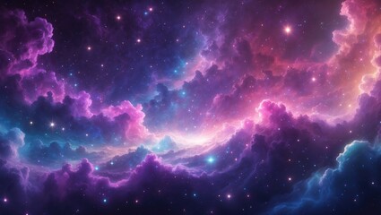 Naklejka premium Vast space nebula with colorful clouds of pink, purple, blue, and white, stars, and cosmic dust, showcasing the beauty of the universe and deep space.