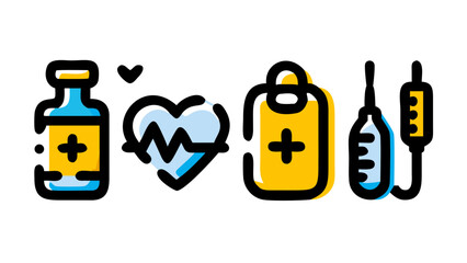 Obraz premium A collection of essential healthcare and medical icons illustrating various aspects of health, treatment, and emergency care.