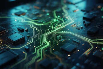 Stunning macro view of glowing green circuit board pathways illuminating intricate electronic components and data flow
