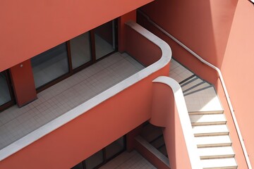Bold salmon architectural geometry unfolds with clean lines, creating a modern abstract view of stairs and balconies.