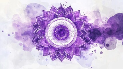 Purple spiritual chakra flower design on watercolor background.