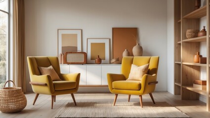 Two yellow armchairs with pillows in a modern living room with shelving, artwork, and decorative vases.
