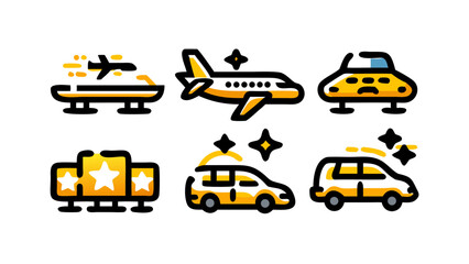 Naklejka premium Contemporary yellow and black vector icons depicting luxurious air and ground transportation alongside prestigious achievement symbols.