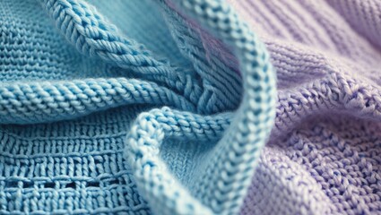 Close-up of knitted textiles with textures in blue and purple colors.