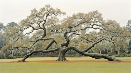 Majestic Angel Oak Tree with sprawling branches covered in Spanish Moss in park