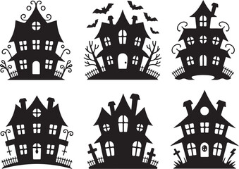 Spooky haunted houses with bats and graves for Halloween