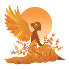 Golden Angelic Silhouette with Floral Adornment and Sunset