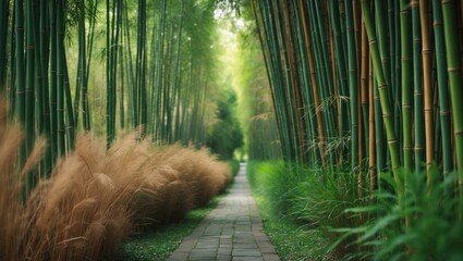 Fototapeta premium A bamboo forest path with tall green bamboo and lush vegetation, tranquil and natural. Garden or nature setting. The scene of greenery and serenity.