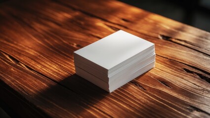 A stack of blank paper on a wooden surface.