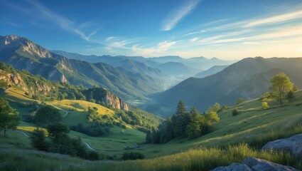 Lush green valleys and mountain ranges under a clear sky during daytime. Scenic landscape with rolling hills and forested areas.