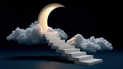 Staircase leading to crescent moon surrounded by clouds dark sky, creating surreal and dreamy