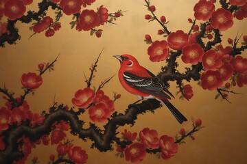 Vibrant red bird perched on blooming cherry blossom branch against a textured golden backdrop, evoking serene nature and elegance.