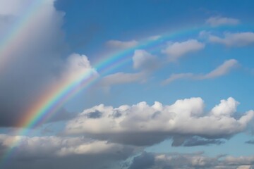Stunning double rainbow arcs across a vibrant blue sky filled with fluffy white and dramatic grey clouds after a storm.