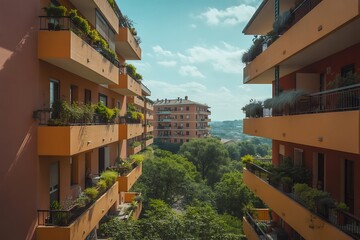 Vibrant orange apartment buildings with lush green balconies overlook a serene, tree-filled cityscape under a bright blue sky.