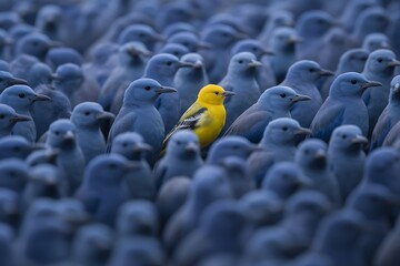 Vibrant yellow bird stands out uniquely amongst a flock of muted blue birds symbolizing individuality and standing out