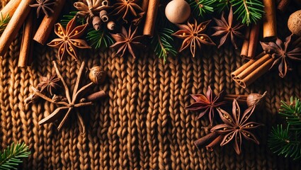 Fototapeta premium Aromas of spices and pine on a knitted fabric background with star anise, cinnamon sticks, and evergreen branches. Holiday seasoning and festive decoration. Traditional winter scents and textures.