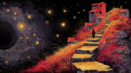 Person standing stone staircase leading to small houses hillside starry sky with glowing