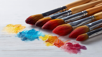 Obraz premium Set of paintbrushes with a splash of paint on a white background