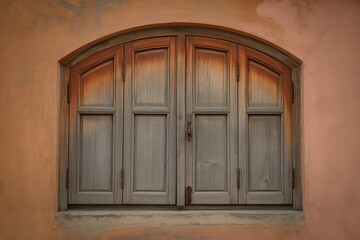 Rustic wooden shutters with aged patina frame a classic arched window on a textured stucco wall
