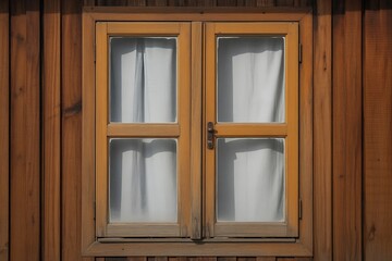 Rustic wooden cabin window with light curtains offers a glimpse into cozy, natural living spaces