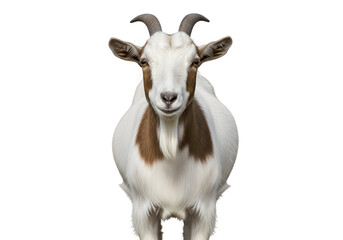 Fototapeta premium Close-up of a white and brown goat with curved horns against a black background