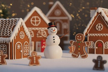 Whimsical Christmas scene with a charming snowman, gingerbread houses, and festive gingerbread people in soft snow