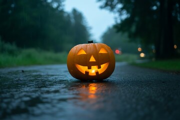 Spooky illuminated Jack-o'-lantern glows on wet road during rainy autumn evening, evoking Halloween mystery