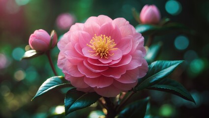 A pink flower with yellow stamens, surrounded by green leaves, in soft focused background.