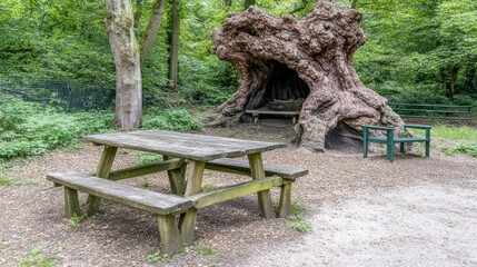 A serene park scene featuring a rustic picnic table and a unique hollow tree in woodland offering