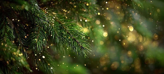 A close-up of green Christmas tree branches with twinkling lights