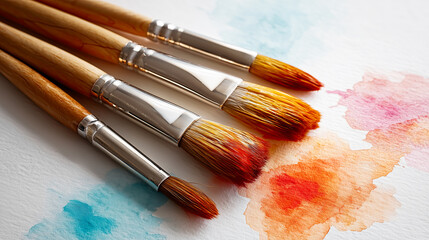 Obraz premium Set of paintbrushes with a splash of paint on a white background
