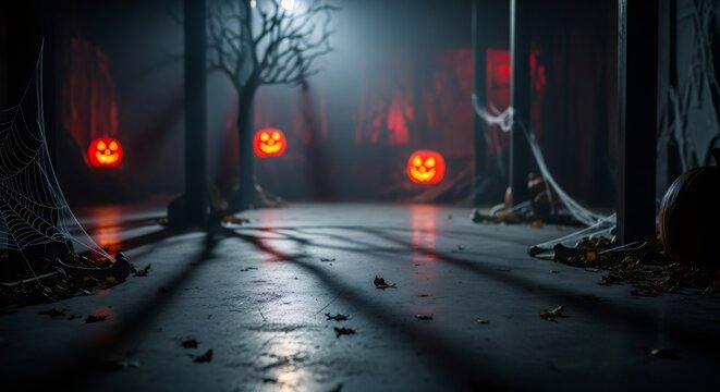 Eerie halloween path with glowing jack o lantern pumpkins and spooky bare trees. Scary haunted forest scene for creepy holiday concept.