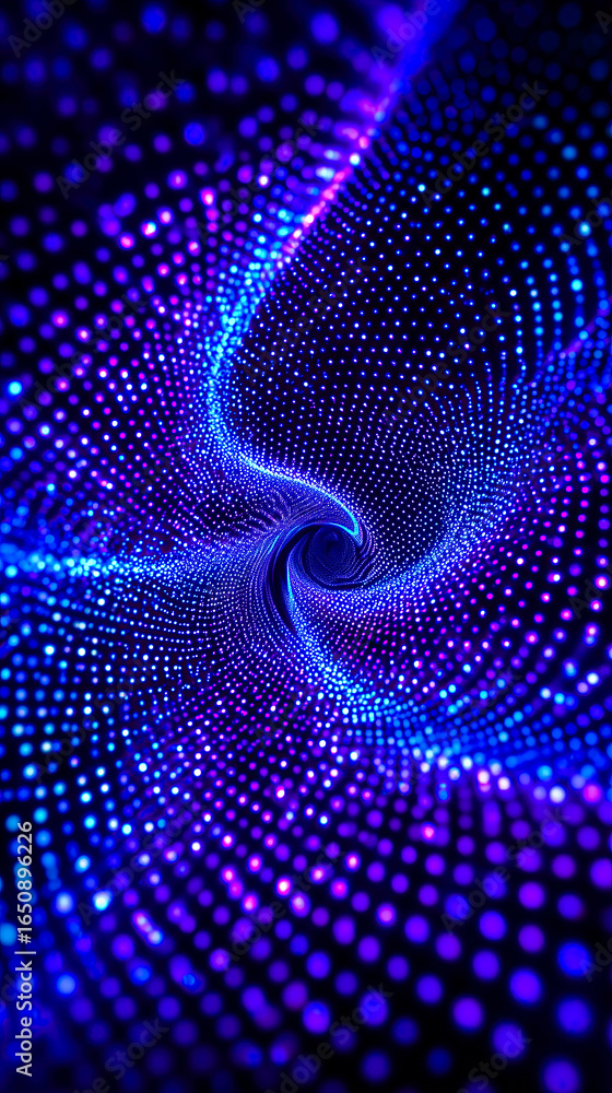 Poster spiral of dots in purple and blue. the dots are arranged in a way that creates a sense of movement a