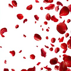 Red rose petals falling against a white background