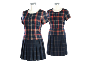  Short-sleeve checked shirt and pleated mini skirt twinset isolated on transparent background