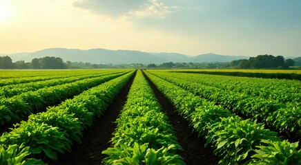 Lush Green Rows of Crops Under a Bright Blue Sky at Dusk