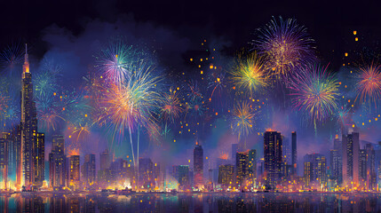Obraz premium Colorful_fireworks_exploding_over_a_lively_city