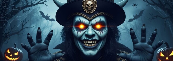 Scary zombie man with glowing red eyes and pointy teeth, wearing a hat with horns, holding out a hand for Halloween.