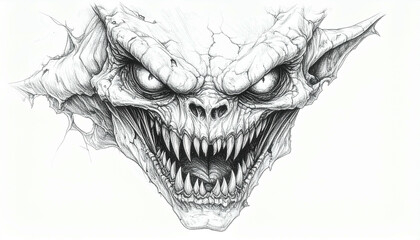 Naklejka premium A detailed pencil drawing of a menacing, grotesque monster face with sharp teeth and intense eyes.