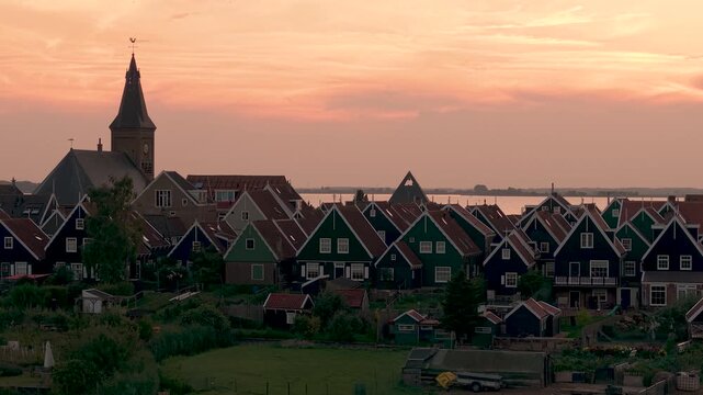Aerial panorama of Marken, an idyllic village in the Dutch province of North Holland at sunset