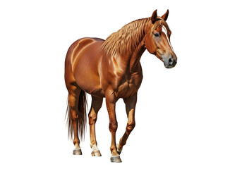 Fototapeta premium Grazing brown horse with a shiny coat standing on a black background