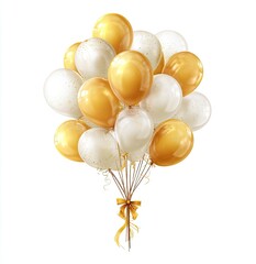 A cluster of gold and white balloons tied together with a gold ribbon against a white background.  Realistic rendering of glossy balloons