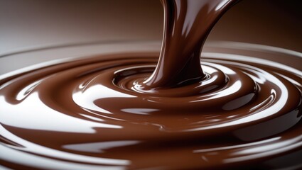 Flow of melted chocolate forming swirls and waves, with a smooth and glossy texture. Food and dessert, concept. Chocolate pouring and liquid consistency. The concept of smoothness and indulgence.