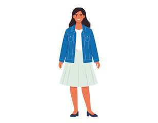 Smiling woman with long dark hair wearing a blue denim jacket and pleated skirt flat vector illustration.