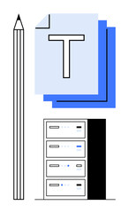 Stack of papers marked with T, pencil, server racks symbolizing creativity, organization, storage, productivity, collaboration, digital tools, and simple landing page